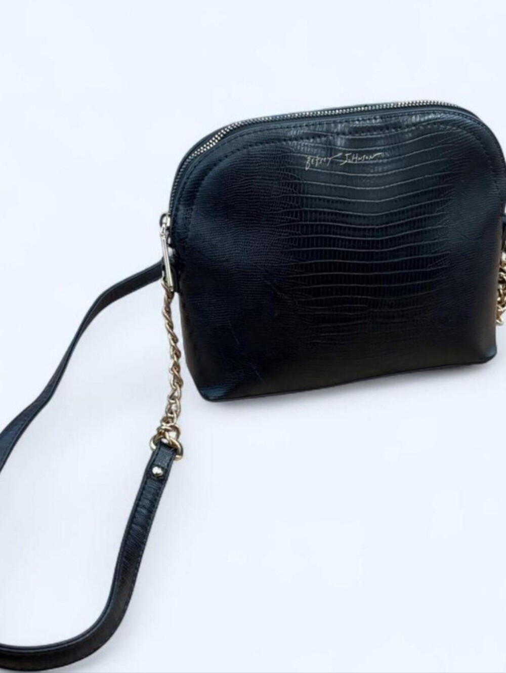 Betsey Johnson Black Croc-Embossed Crossbody with Gold Chain